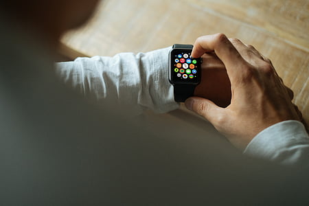 ābolu, pulkstenis, rokas, vīrietis, mockup, tehnoloģija, skatīties