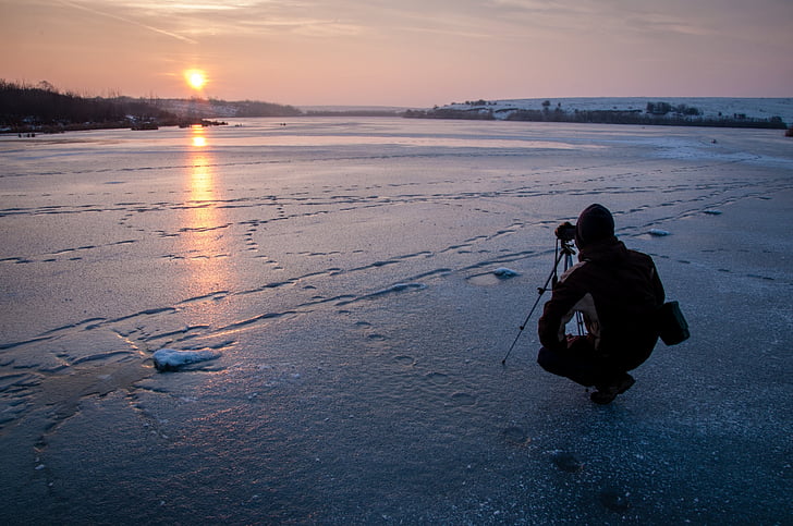 fotós, fotózás, naplemente, kamera, téli, spiritusz, fagyasztott