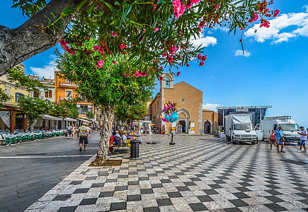 Taormina, Plaza, Plaza, flores, tablero de ajedrez, Italia, Sicilia