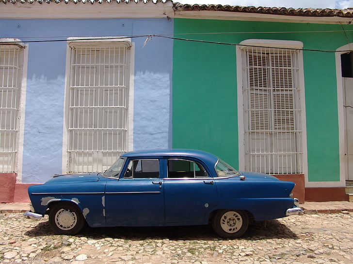 coche, Cuba, azul, coche clásico, casa antigua, antiguo, pasado de moda