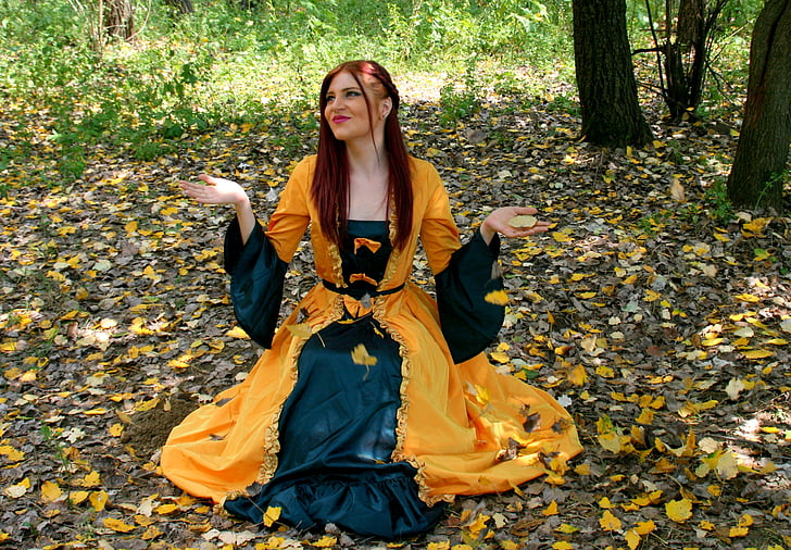 dekle, princesa, rumena, jeseni, listi, obleka, gozd