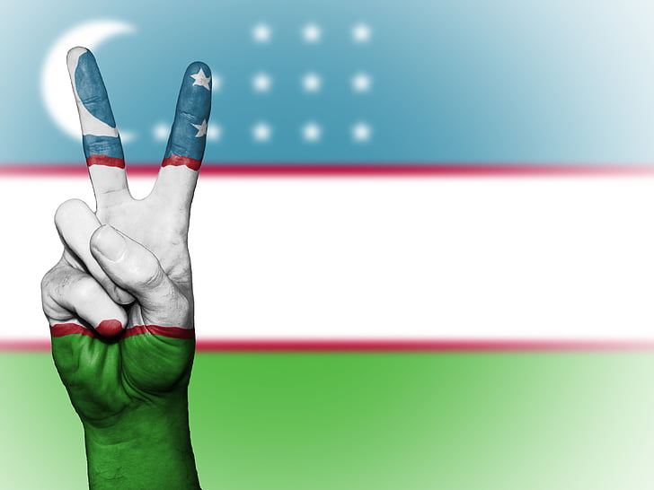Usbekistan, fred, hånd, nation, baggrund, banner, farver