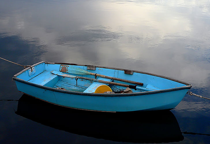 blue rowboat, water, calm, moored, nautical, wood, vessel