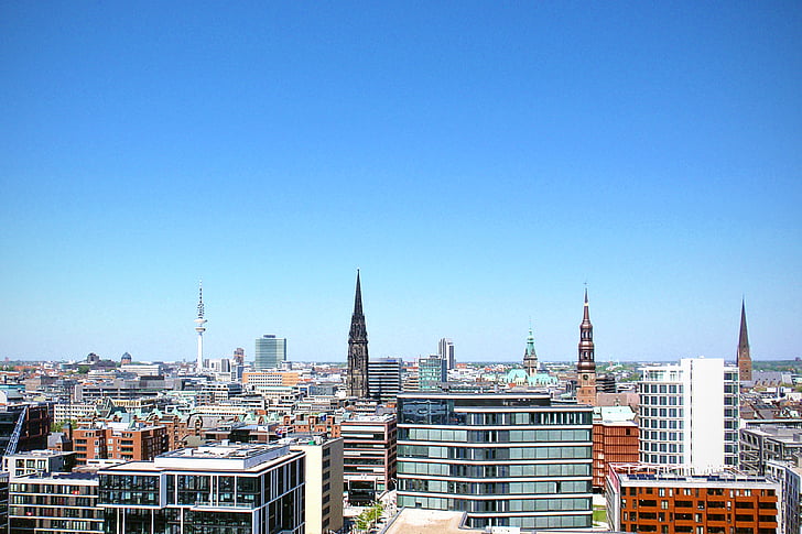 Architektur, blauer Himmel, Gebäude, Stadt, Hamburg, Skyline, Stadtbild