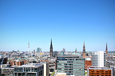 architecture, blue sky, buildings, city, hamburg, skyline, cityscape