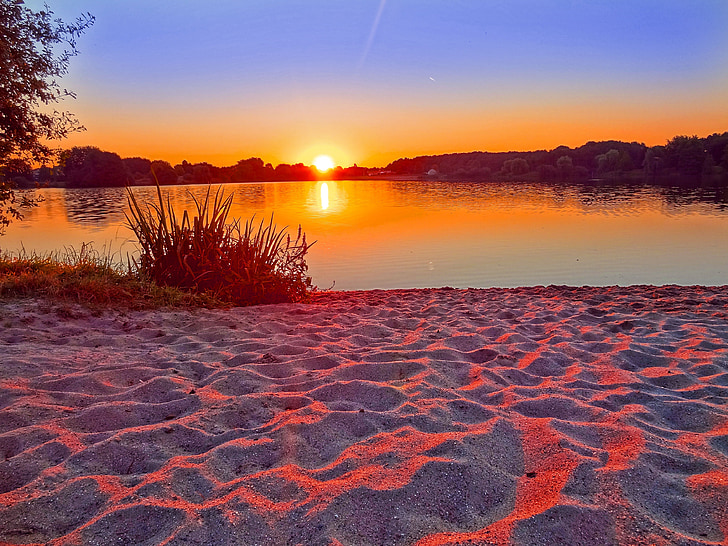 Západ slunce, písek, červená, východ slunce, jezero, pláž, Horizont