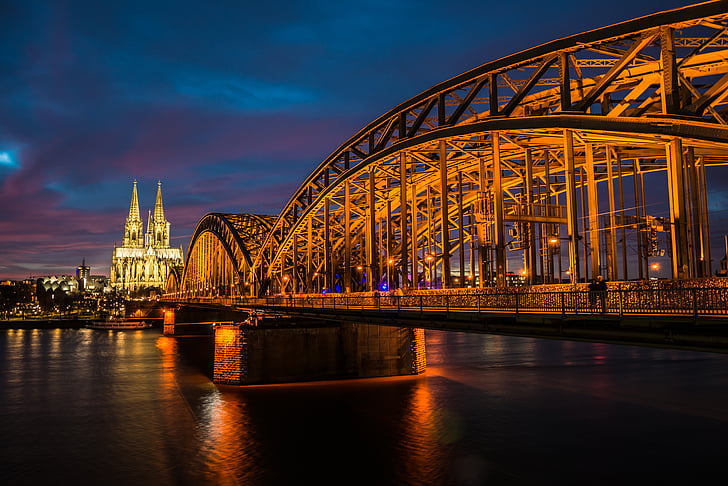 Köln, Rajna, svjetlo, vode, linija horizonta, most Hohenzollern, Katedrala