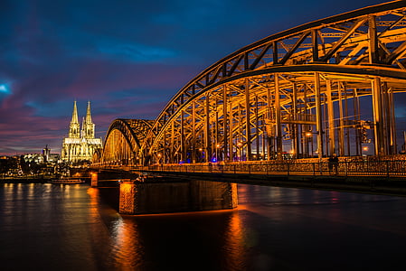 Köln, Rhen, ljus, vatten, Skyline, Hohenzollern-bron, Domkyrkan