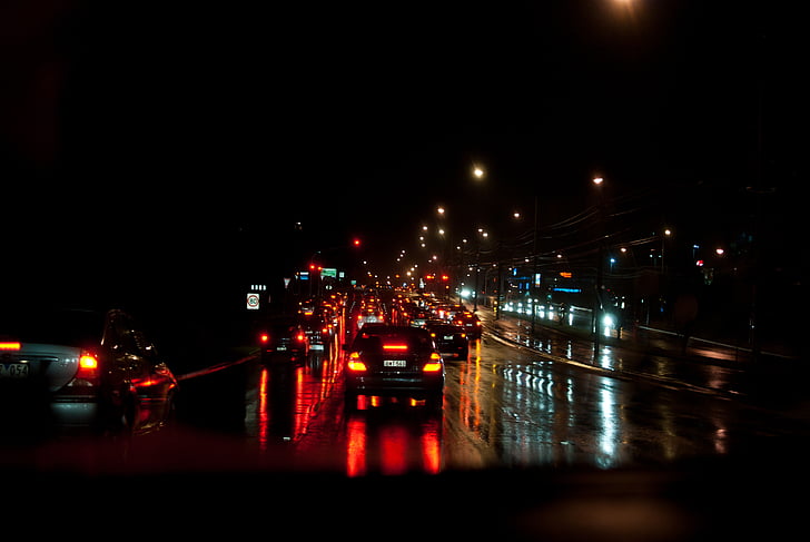 noč, deževno, cesti, vreme, svetlobe, večer, prometa