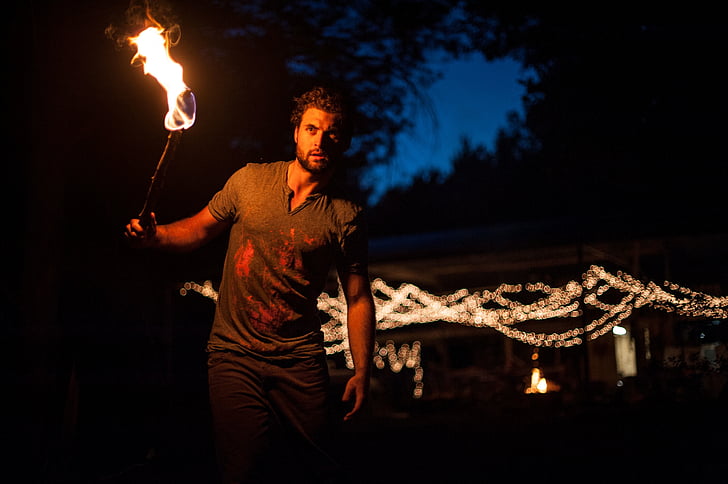 man, holding, torch, night, time, people, guy