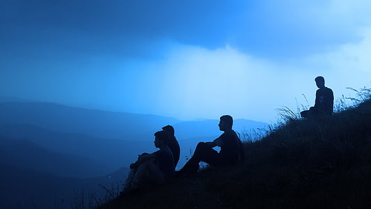 silhouette people, men, shadow, sitting on hill, mountains, man silhouette, silhouette man