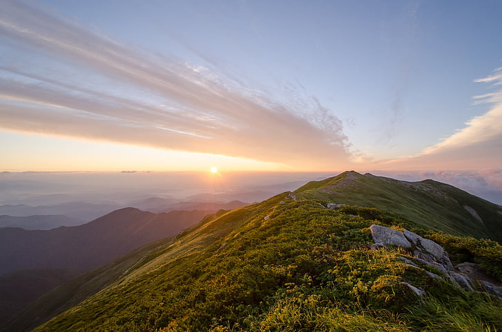 mountain, iide mountain, japan, sunrise, morning glow, landscape, mountain climbing