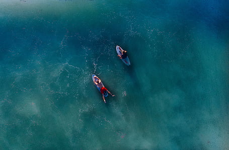 deux, surfeurs, Retour au début, planches de surf, corps, eau, gens