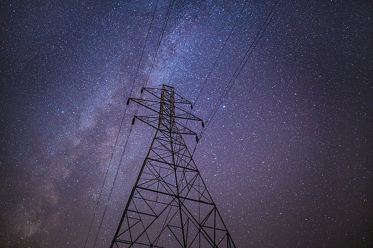 communication, tower, starry, sky, power lines, night, stars
