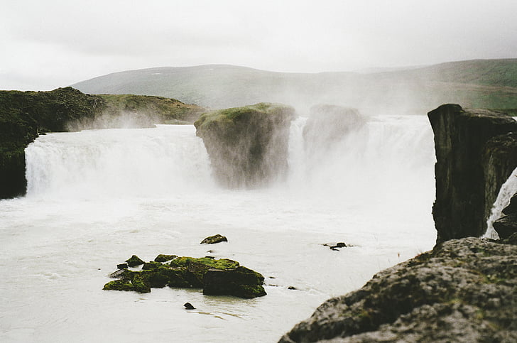 wide, cascading, waterfalls, grey, clouds, mist, river