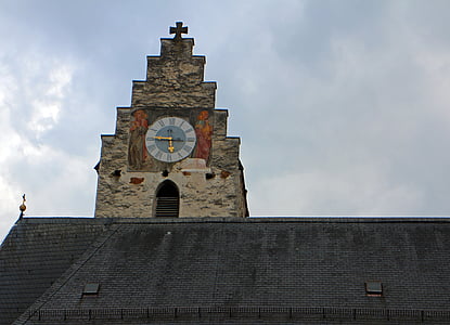 kerk klok, klokkentoren, historisch, kerk, wijzerplaat, klok, tijd