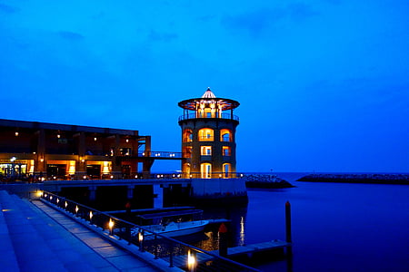 architecture, blue sky, boat, building, dock, evening, illuminated
