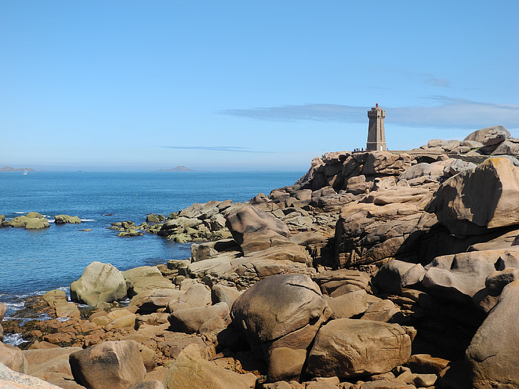 brittany, coast, lighthouse, rock, sea