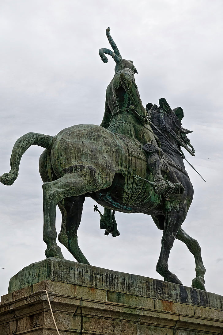 statue de, sculpture, bronze, cheval, conquistador, armure