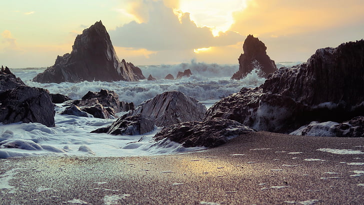 océan, vagues, roches, nuageux, Sky, coucher de soleil, plage