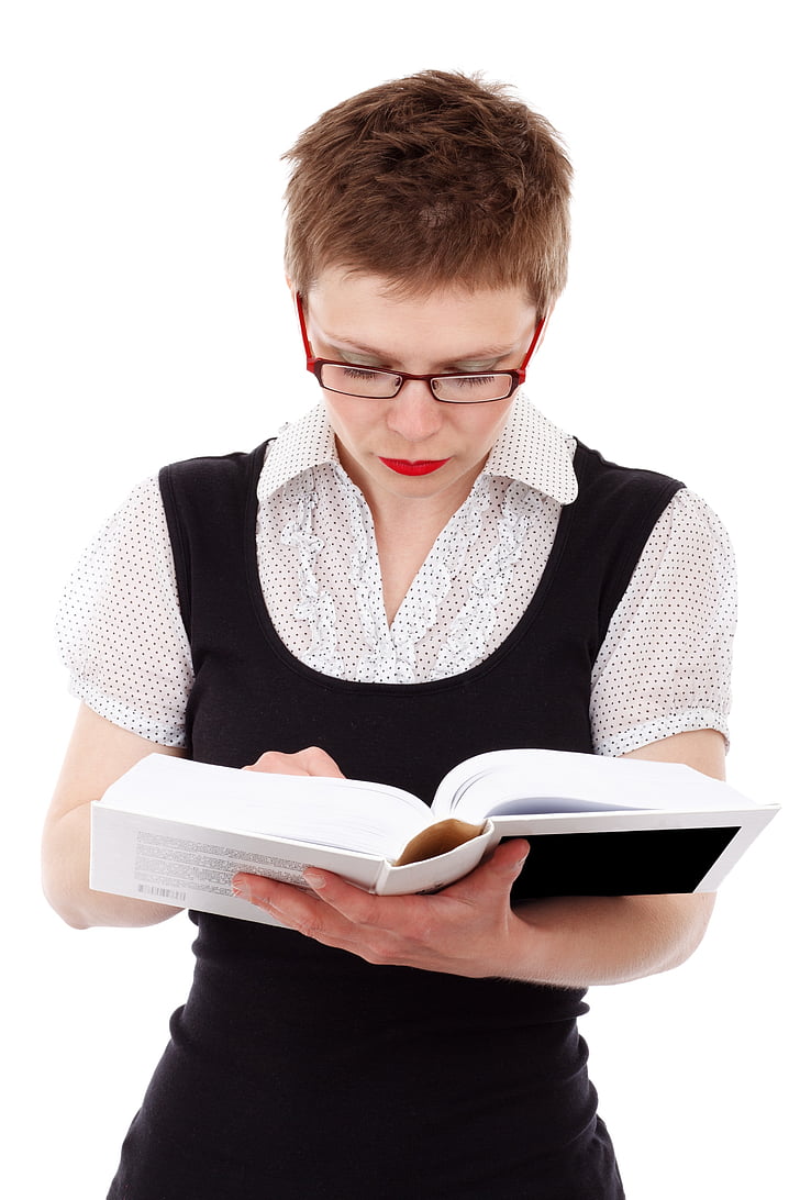 woman, wearing, black, framed, eyeglass, holding, reading