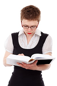 femeie, poartă, negru, încadrată, ochelari de vedere, Holding, lectură