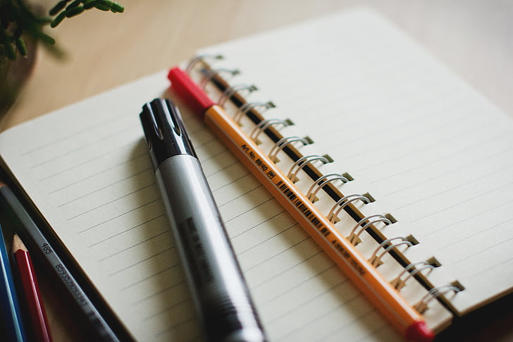 szürke, toll, notebook, ceruza, marker, jegyzék, írás
