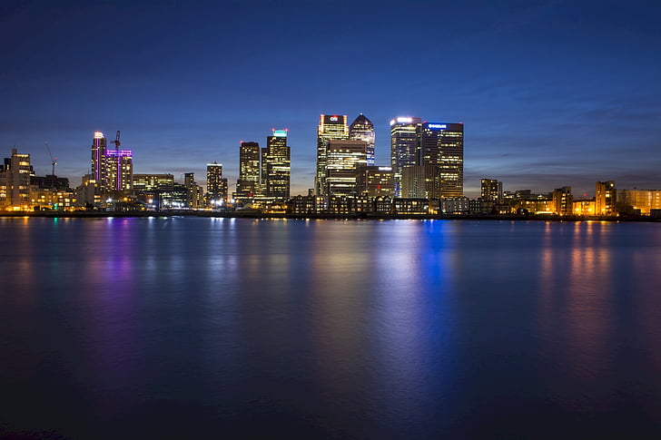 canary wharf, business district, london, reflection, night, city, urban