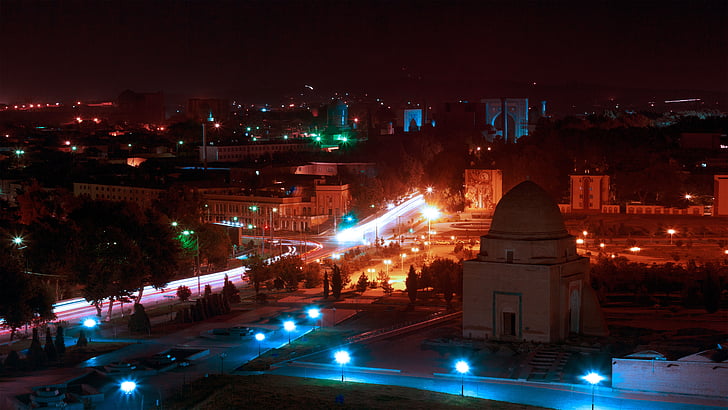 luzes da noite, Gur-emir, à noite, Ásia Central, Ásia Central, cidade, luzes