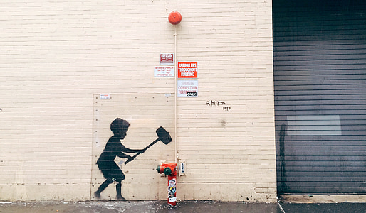 straatkunst, stedelijke, Banksy, muur, jongen, stedelijke scène, mensen