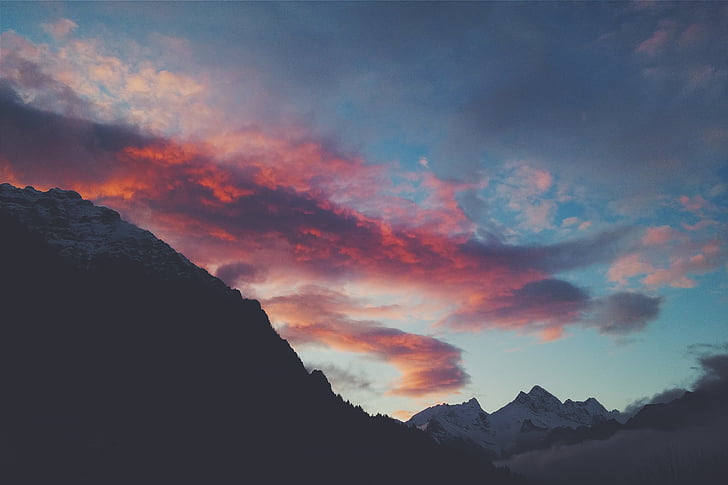 snow, capped, mountains, twilight, sunset, dusk, clouds
