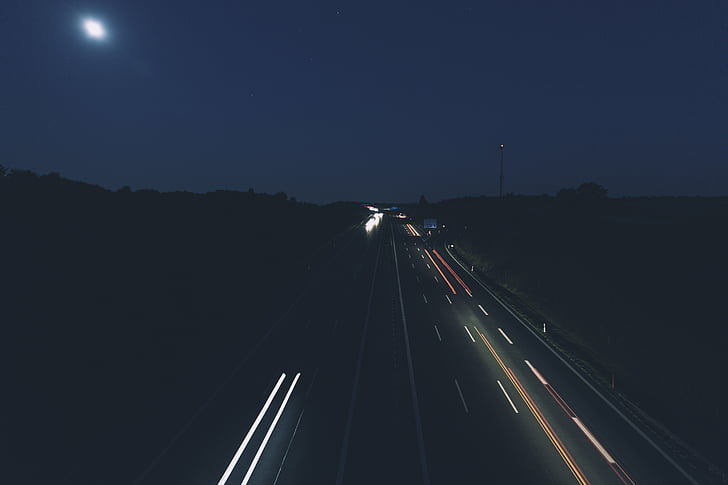 шоссе, свет, след, фары, трафик, ночь, дорога