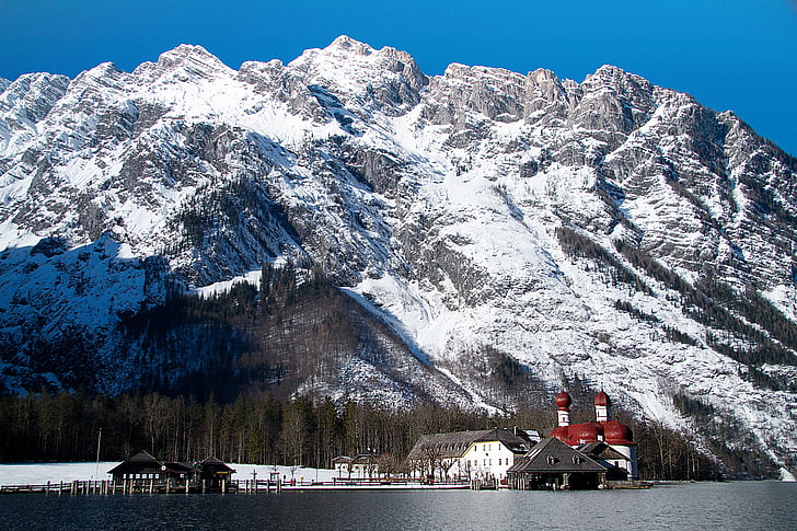Lago del re, st Bartholomä, Berchtesgadener land, meta di escursioni, Baviera, Parco nazionale di Berchtesgaden, inverno