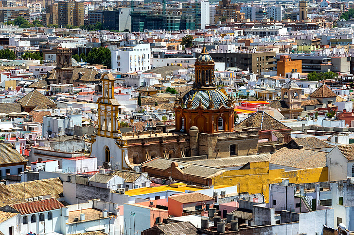Sevilla, Spanien, staden, stadsbild, byggnader, kyrkan, landmärke