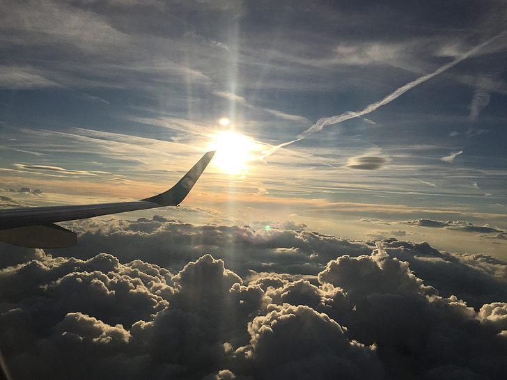 Saulėlydis, lėktuvas, debesys, aviacijos, turizmo, keleivių, atostogų