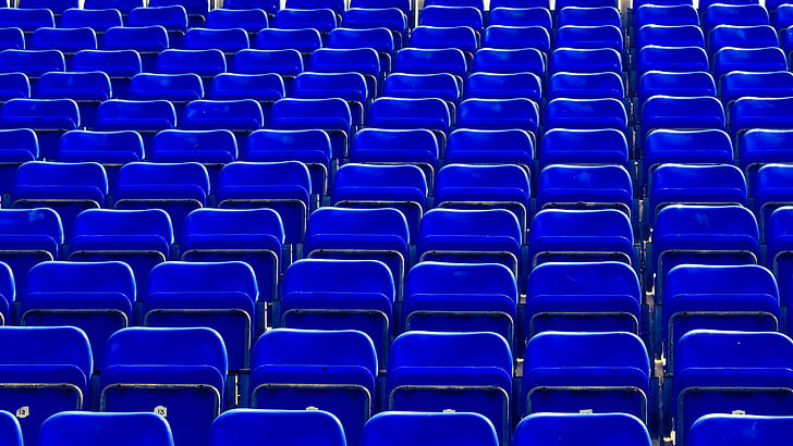 sittplatser, stolar, blå, rader, står, utomhusteater, färg