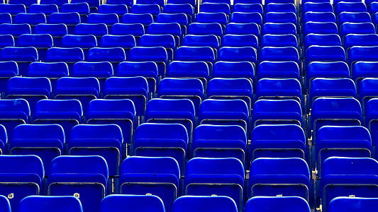 pladser, stole, blå, rækker, står, udendørs teater, farve