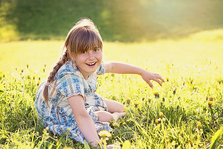 person, human, child, girl, blond, laugh, meadow