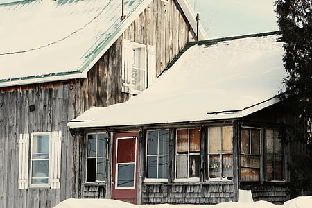 коричневий, дерев'яні, будинок, з покриттям, сніг, денний час, Деревина