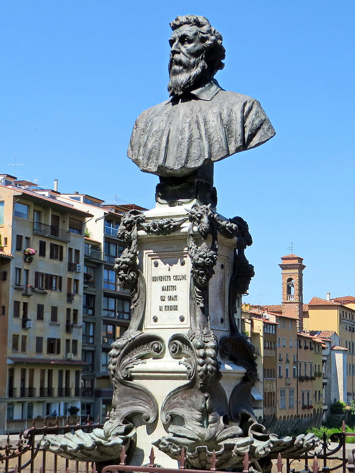 Italien, Florenz, Ponte vecchio, Statue, Goldschmied, Benvenueto Cellini, Arno