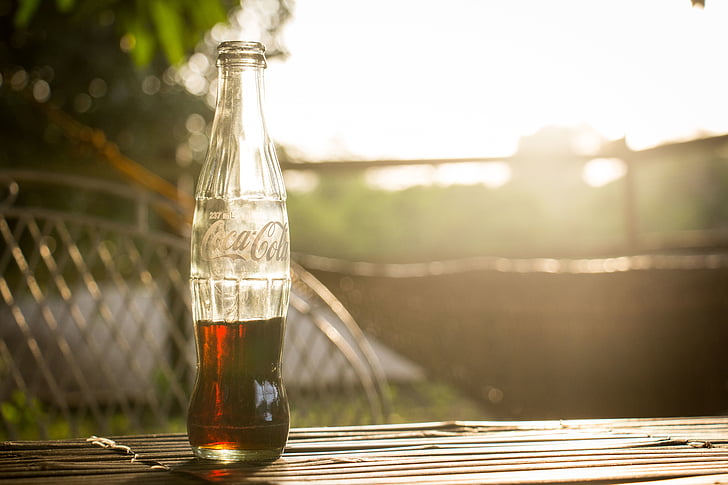 clear, glass, coca, cola, bottle, brown, wooden