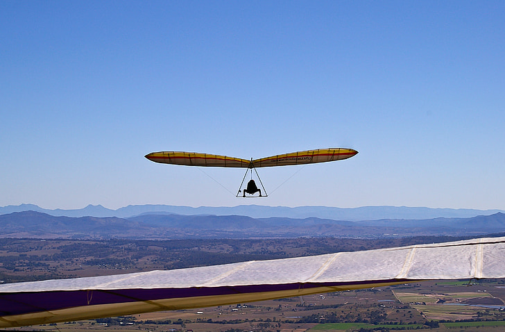 hang-glider, glider, flying, mountain top, high, scenery, rural