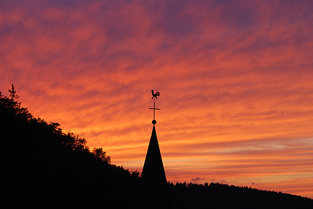 sky, red, sunset, afterglow, glow, church, christianity