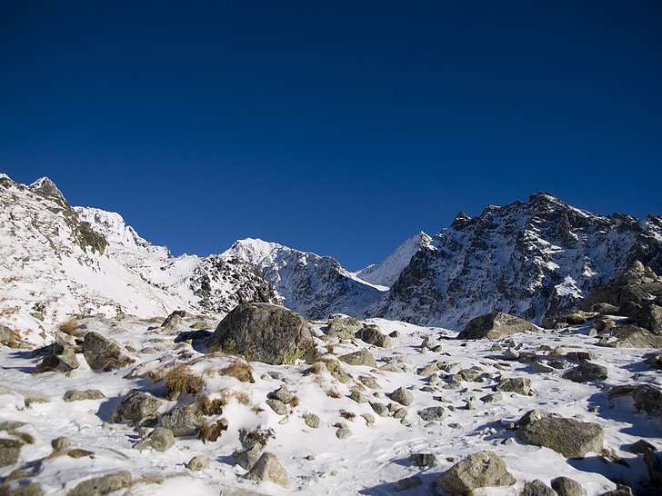 Tatrai, kalnai, vaizdas iš viršaus, žiemą, Aukštuosiuose Tatruose, kraštovaizdžio, dangus