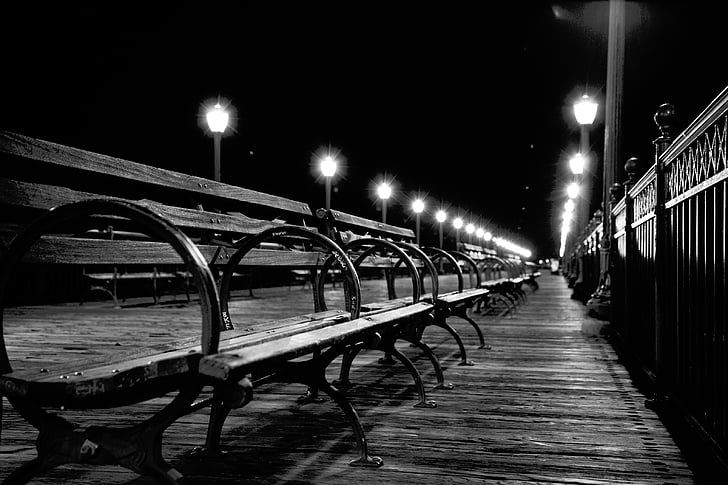 places, lights, night, bench, rails, walk, wood