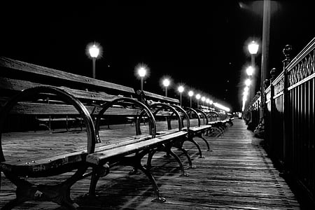 places, lights, night, bench, rails, walk, wood