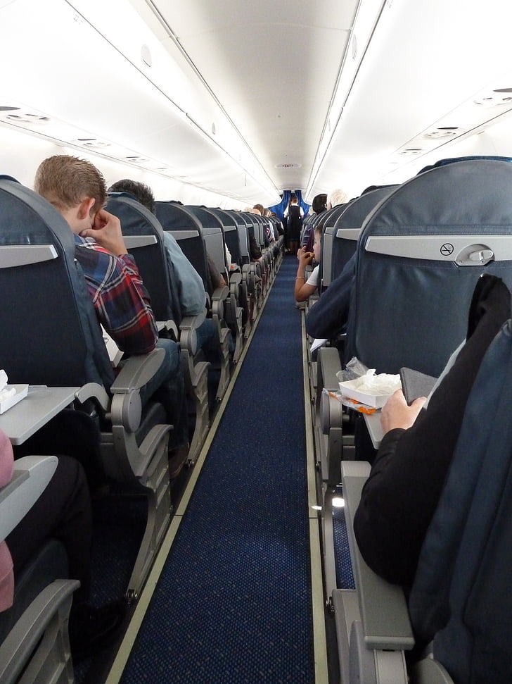aircraft, aircraft cabin, passengers, aircraft attendant, rows of seats, aircraft interior, travel