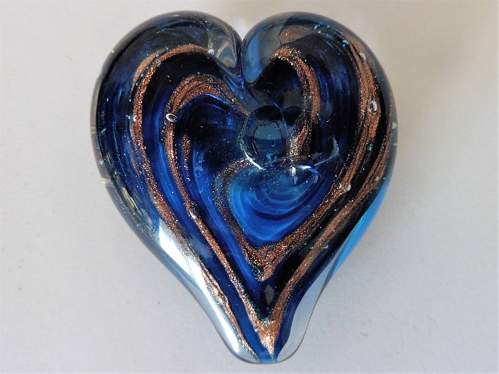 Mėlyno stiklo širdies, stiklo, širdies, Romantiškas, stiklo skulptūra, mėlynos ir aukso, Valentino