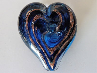 푸른 유리 심장, 유리, 심장, 로맨틱, 유리 조각, 블루와 골드, 발렌타인
