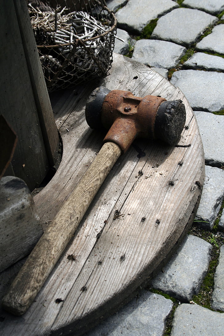 Hammer, trä, gamla verktyg, arbete, metall, konst, rostig